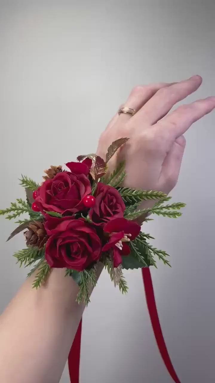 Christmas Red Wrist Corsage, Dark Red Rose Gold Holiday Corsage, Winter Wedding Flowers, Pinecone Evergreen Wrist Flower Artificial