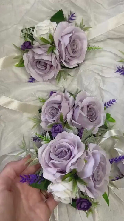 Purple Corsage Wedding Wrist Corsage Lilac Bridesmaids White Corsage Ivory Mom Corsage Lavender Boutonnière Artificial Flowers
