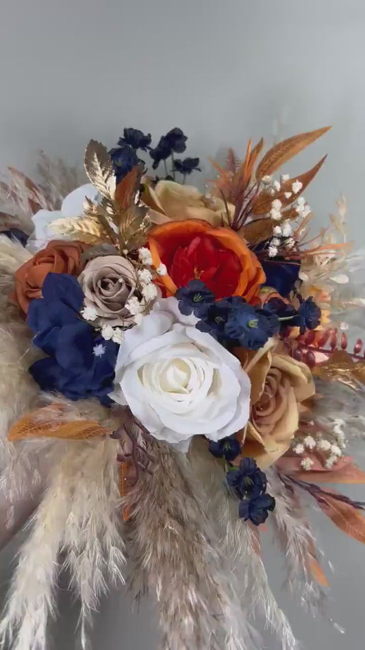 Orange Navy Blue Bouquet Wedding Boho Burnt Orange Bouquet Bridal Navy Blue Terracotta White Bouquet Bridesmaids Rust Blue Pampas Grass
