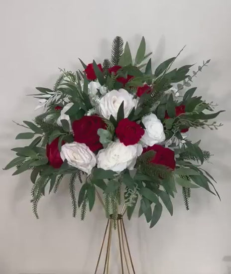 Christmas Centerpiece Wedding White Red Winter Flower Ball Table Decoration Ivory Dark Red Pine Evergreen Holiday Barrel Flowers Artiricial