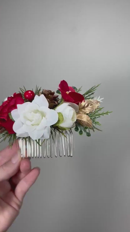 Flower Hair Comb Wedding White Christmas Head Piece Red Winter Hair Comb Bridal Wedding Hair Accessories Hair Comb Artificial Flower