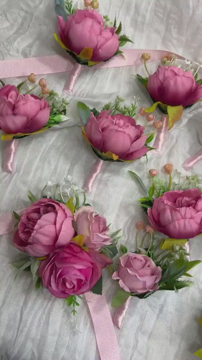 Wedding Corsage Pink Wedding Wrist Corsage Fuchsia Bridesmaids Corsage Viva Magenta Corsage Pink Boutonniere Dusty Rose Artificial Flowers