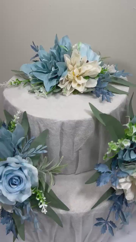 Dusty Blue Cake Decor Wedding White Dusty Blue Cake Topper Flower Dahlia Cake Arrangement Flower White Sky Blue Artificial Flower Cake Decor