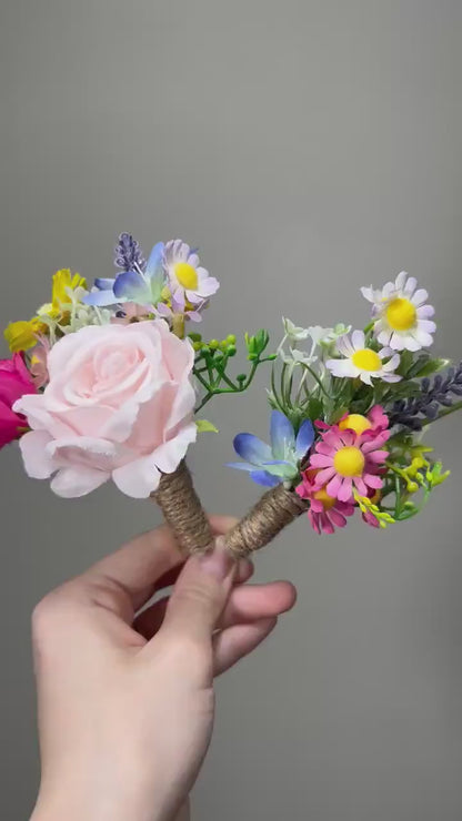 Wedding Boutonniere Wild Flower Groom Pink Groomsmen Boutonnière Hot Pink Blue Boutonniere White Lavender  Artificial Flower Wild Camomile