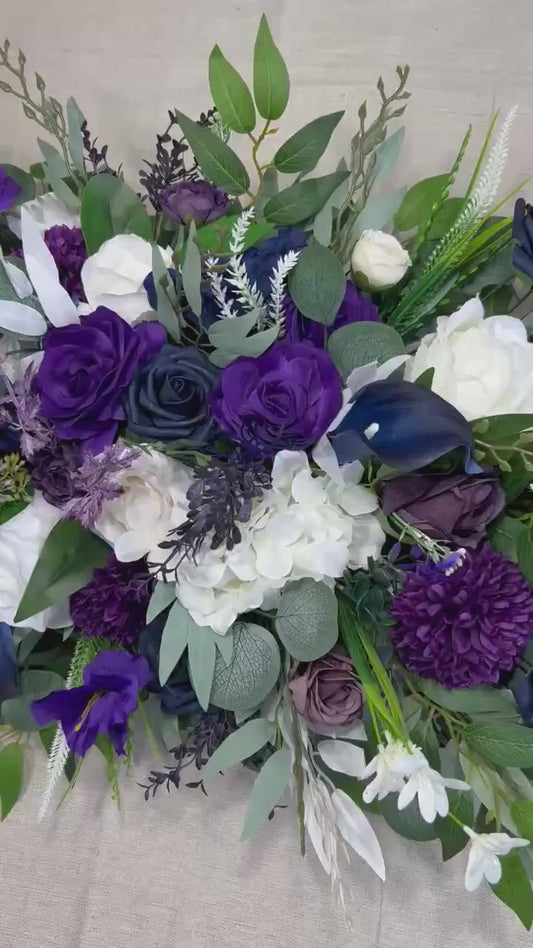 Purple White Navy Blue Arch Arrangement Wedding Deep Purple Royal Navy Blue Arbor Arrangement Ivory Eucalyptus Dark Blue Plum Artificial