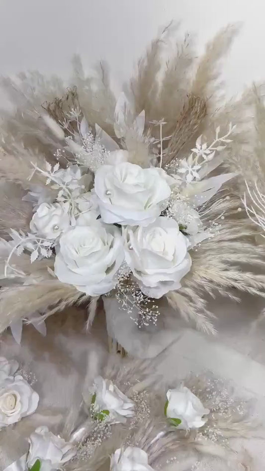 White Boho Bouquet Wedding Bridal Pampas Grass Bouquet Ivory Baby Breath Bridesmaids Bouquet Pearls White Rose Bouquet Artificial Flowers