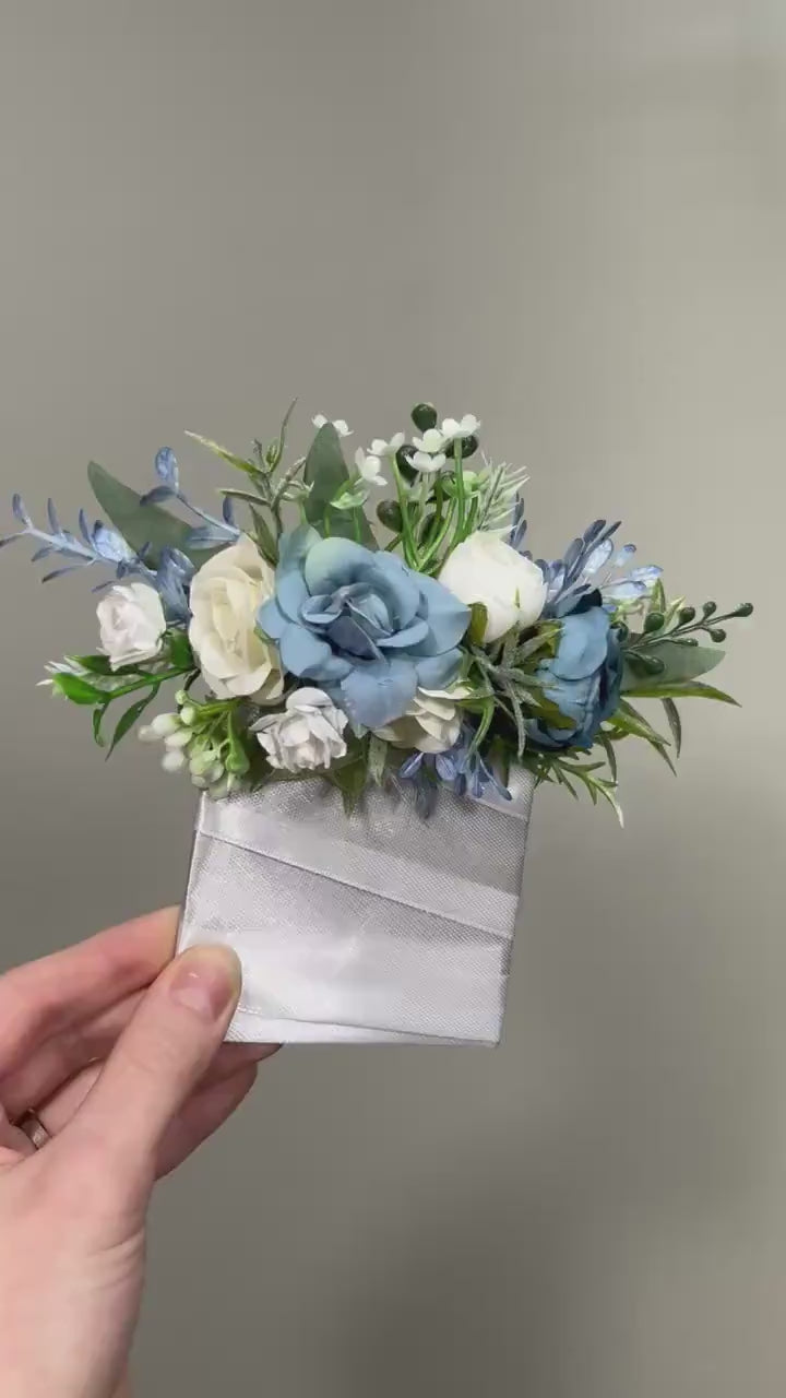 Blue Pocket Boutonniere Wedding Dusty Blue White Groom Boutonnière Square Blue Ivory Blue Groomsmen Boutonniere Pocket Dusty Blue Greenery