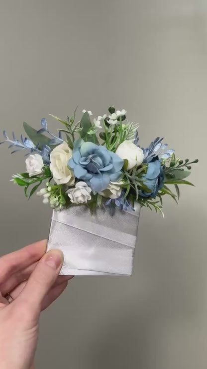 Blue Pocket Boutonniere Wedding Dusty Blue White Groom Boutonnière Square Blue Ivory Blue Groomsmen Boutonniere Pocket Dusty Blue Greenery