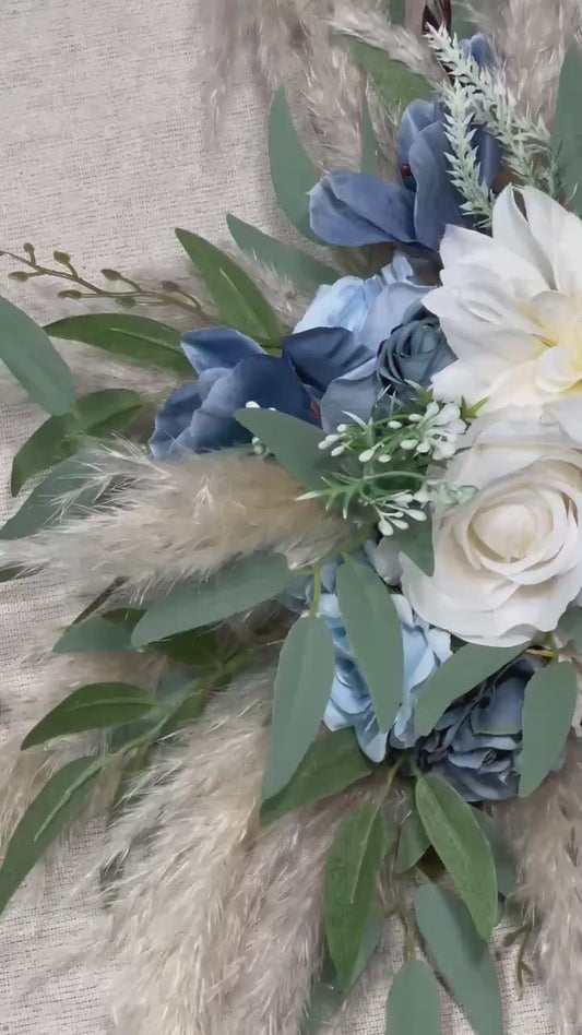 Dusty Blue Arch Arrangement Wedding Blue White Arbor Arrangement Dusty Blue Ivory Swag Boho Sky Blue Arch Arrangement Pampas Grass