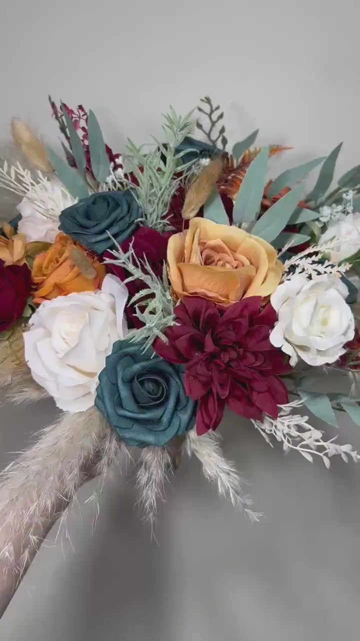 Dark Teal Bouquet Wedding Bridal Burgundy Terracotta Bridesmaids Burgundy Teal Burnt Orange Bouquet Dark Teal Rust Pampas Grass