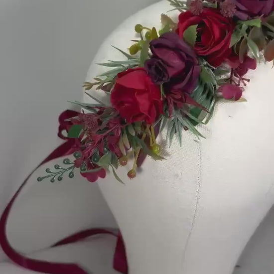 Red Flower Crown Wedding Dark Red Bridal Bridesmaids Floral Crown Artificial Flowers Burgundy Wine Red Hair Crown Flower Girl Wreath