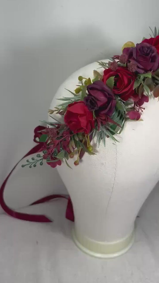 Red Flower Crown Wedding Dark Red Bridal Bridesmaids Floral Crown Artificial Flowers Burgundy Wine Red Hair Crown Flower Girl Wreath