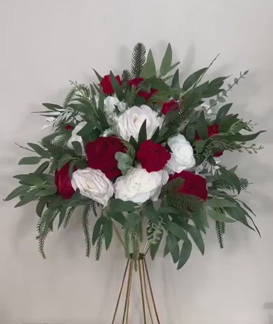 Christmas Centerpiece Wedding White Red Winter Flower Ball Table Decoration Ivory Dark Red Pine Evergreen Holiday Barrel Flowers Artiricial