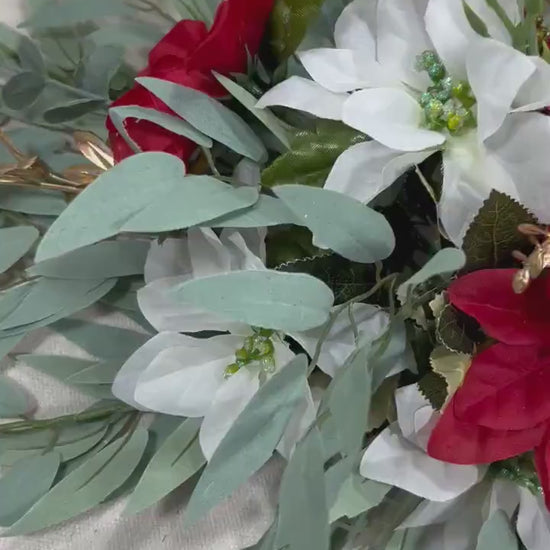 Christmas Sweetheart Wedding Poinsettias White Red Wedding Table Decor Winter Centerpiece Arch Arrangement Arbor Poinsettias Greenery Sage
