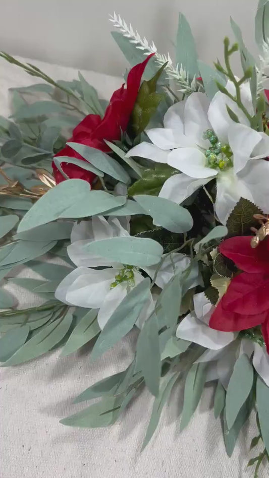 Christmas Sweetheart Wedding Poinsettias White Red Wedding Table Decor Winter Centerpiece Arch Arrangement Arbor Poinsettias Greenery Sage