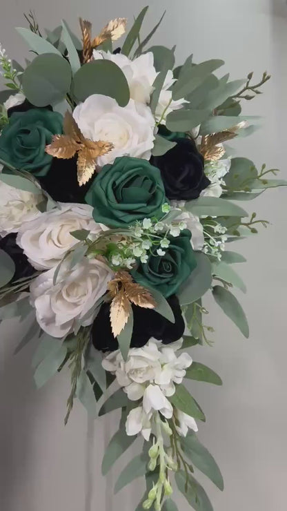 Emerald Green Bouquet Bridal Cascade White Black Bouquet Bridesmaids Emerald Green Forest Black Cascading Bouquet Gold Artificial Flower