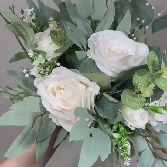 White Bouquet Bridal Wedding Pearls Bridesmaids Ivory Bouquet Greenery Eucalyptus White Artificial Flower