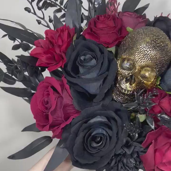 Wedding Bouquet Black Burgundy Gold Skull Bridal Wedding Gothic Halloween Bouquet Bridesmaids Black Skull Spooky Burgundy Fun Bouquet Metal
