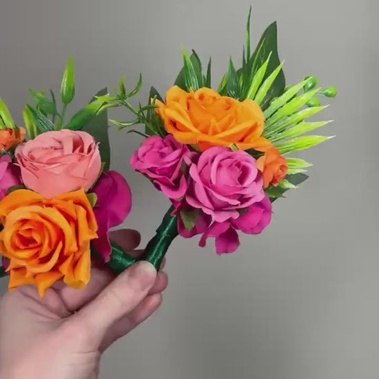 Hot Pink Orange Boutonniere Wedding Groom Tropical Boutonnière Fuchsia Coral Orange Bright Groomsmen Prom Magenta Artificial Flower