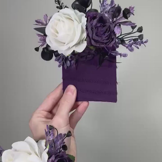 White Plum Pocket Boutonniere Wedding Groom Boutonnière White Dark Purple Square Groomsmen Pocket Boutonniere Black Plum Gothic Boutonniere