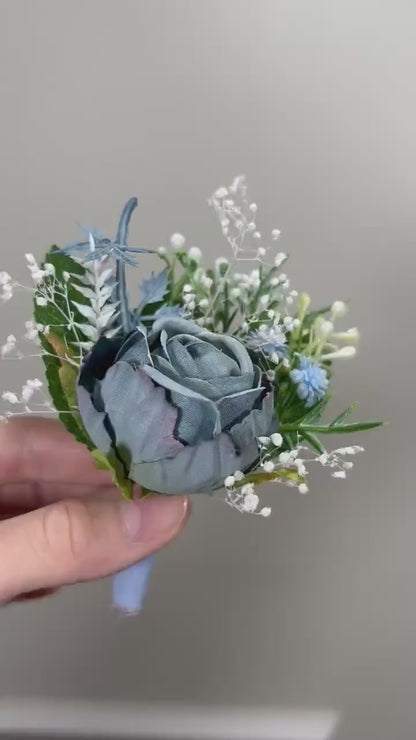 Wedding Boutonniere Dusty Blue Groom Wedding Groomsmen Boutonnière Blue Artificial Flowers Dusty Blue Peony Classic Boutonniere Baby Breath