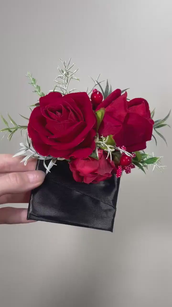 Wedding Pocket Boutonniere Red Groom Boutonnière Red Square Groomsmen Pocket Boutonniere Christmas Winter Rustic Decor Artificial Flowers