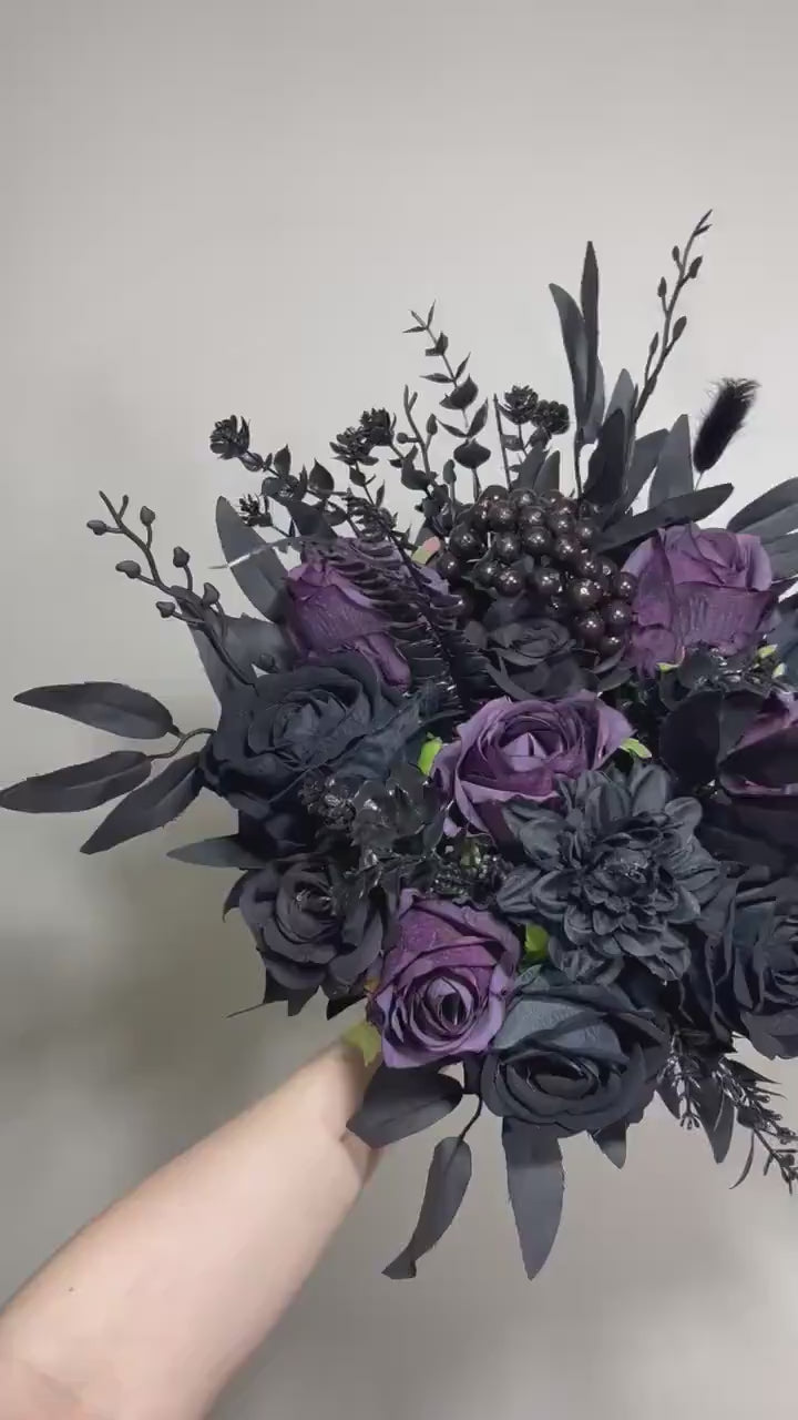 Black Bouquet Wedding Dark Purple Bridal Wedding Gothic Bouquet Black Decor Purple Black Bridesmaids Bouquet Plum Artificial Flower