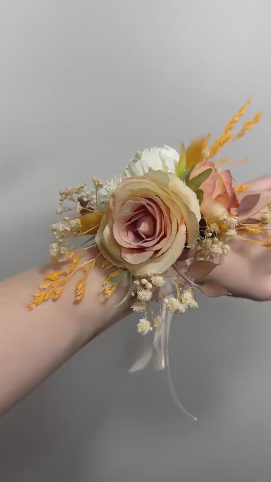 Wedding Corsage Terracotta Bridal Burnt Orange Wedding Boho Wrist Corsage White Bridesmaids Corsage Accessories Artificial Flowers