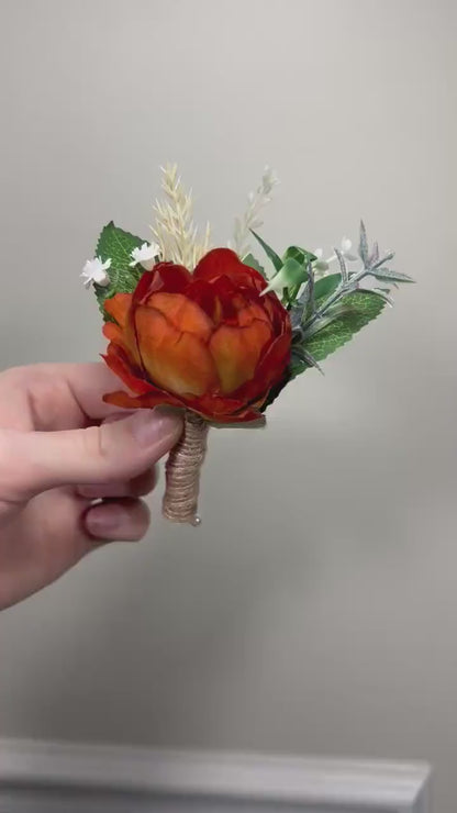 Rust Boutonniere Wedding Groom Burnt Orange Boutonnière Rust Groomsmen  Boutonnière Orange Groom Artificial Flowers Peony