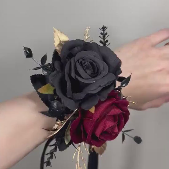Wedding Black Corsage Burgundy Wedding Gothic Wrist Corsage Bridesmaids Corsage Mom Black Corsage Burgundy Gold Accessories