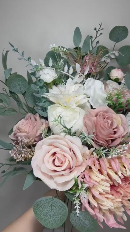Wedding Bouquet Dusty Rose Bridal Blush Dahlia Wedding Bouquet Ivory Bridesmaids Decor Eucalyptus Pink Flower White Spring Artificial Flower