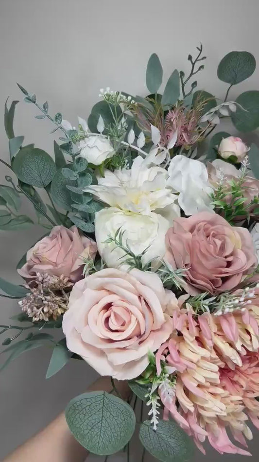 Wedding Bouquet Dusty Rose Bridal Blush Dahlia Wedding Bouquet Ivory Bridesmaids Decor Eucalyptus Pink Flower White Spring Artificial Flower