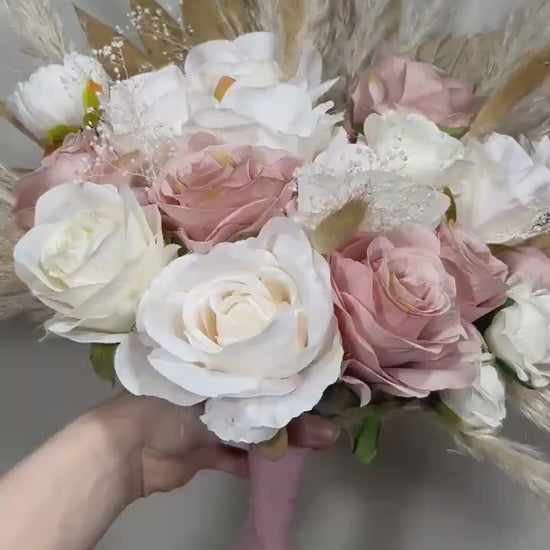 Wedding Dusty Rose Bouquet Boho Bridal White Dusty Rose Bouquet Pampas Grass Bridesmaids Bouquet Pink Palms Leaves Ivory Artificial Flower