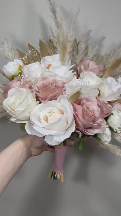 Wedding Dusty Rose Bouquet Boho Bridal White Dusty Rose Bouquet Pampas Grass Bridesmaids Bouquet Pink Palms Leaves Ivory Artificial Flower