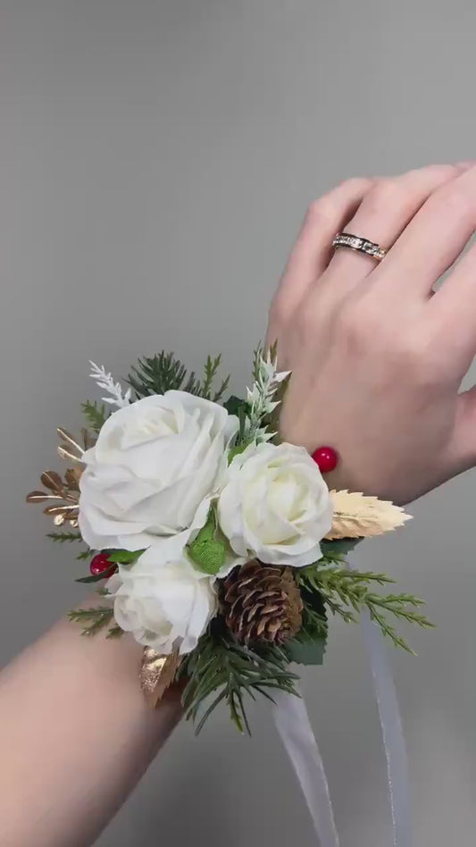 Christmas White Corsage Wedding Wrist Corsage Winter Mother Bridesmaids Wristlet Ivory Rose Holiday Cone Pine Tree Gold Artificial Flower
