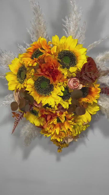 Sunflower Bouquet Cascade Boho Burnt Orange Bridal Bouquet Cascading Terracotta Bouquet Bridesmaids Sunflower Rust Artificial Flowers