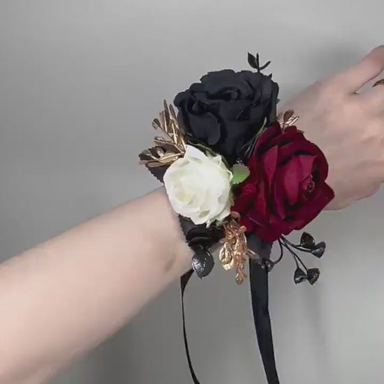 Black Corsage White Wedding Gothic Wrist Corsage Burgundy Bridesmaids Corsage Mom Black Corsage Burgundy Gold Accessories Artiticial Flower