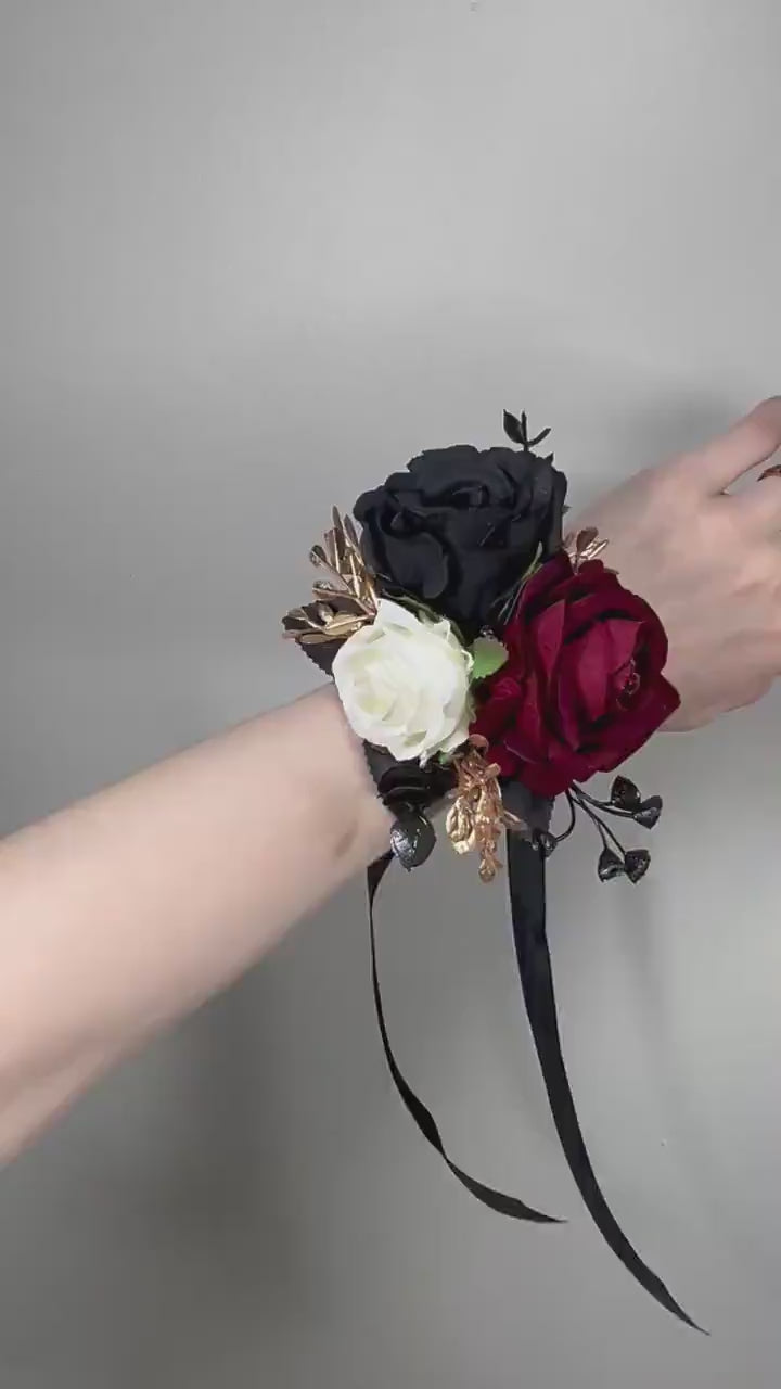 Black Corsage White Wedding Gothic Wrist Corsage Burgundy Bridesmaids Corsage Mom Black Corsage Burgundy Gold Accessories Artiticial Flower
