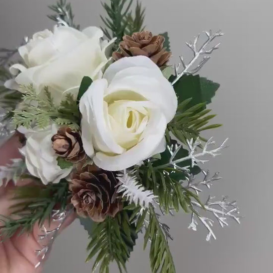 Christmas Cake Decor Wedding White Cake Flower Topper Pine Cone Winter Cake Decoration Silver Christmas White Pine Arrificial Flowers