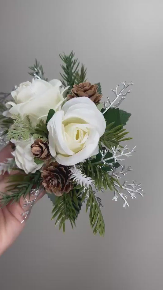 Christmas Cake Decor Wedding White Cake Flower Topper Pine Cone Winter Cake Decoration Silver Christmas White Pine Arrificial Flowers