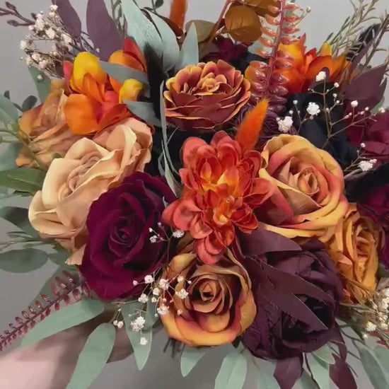 Wedding Bouquet Terracotta Burnt Orange Bridal Rust Bouquet Black Halloween Bouquet Burgundy Fall Eucalyptus Wine Red Artificial Flower