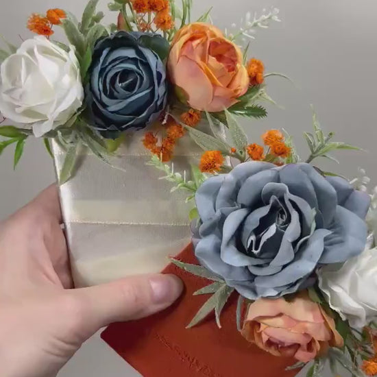 Dusty Blue Orange Corsage Wedding Blue Terracotta Wrist Corsage Dusty Blue Burnt Orange Corsage Bridesmaids White Blue Orange Mom Corsage