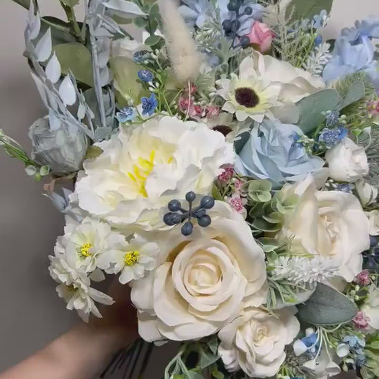Wedding Bouquet Dusty Blue Bridal Rustic Wedding White Bouquet Wild Flower Dusty Rose Light Blue Sky Eucalyptus Flower Ivory Artificial