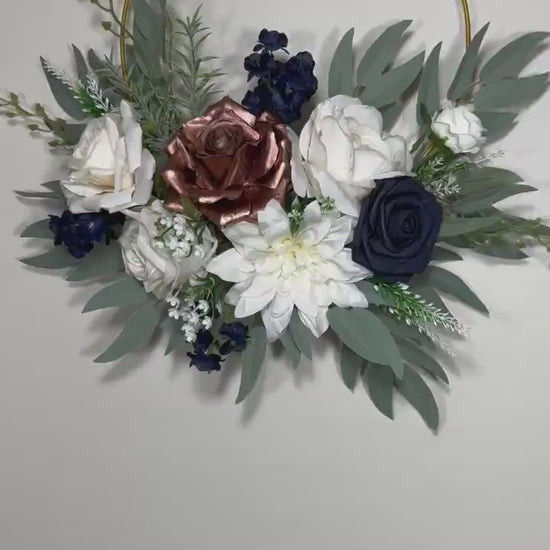 Wedding Hoop White Navy Blue Hoop Ivory Bridesmaids Ring Rose Gold Wreath Flower Girl Navy Blue Rose Gold Hoop Artificial Flower