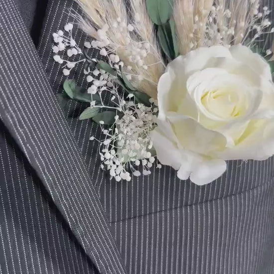 White Pocket Boutonniere White Groom Boutonnière Ivory Square Groomsmen Pocket Eucalyptus Boutonniere Baby Breath Pampas Grass