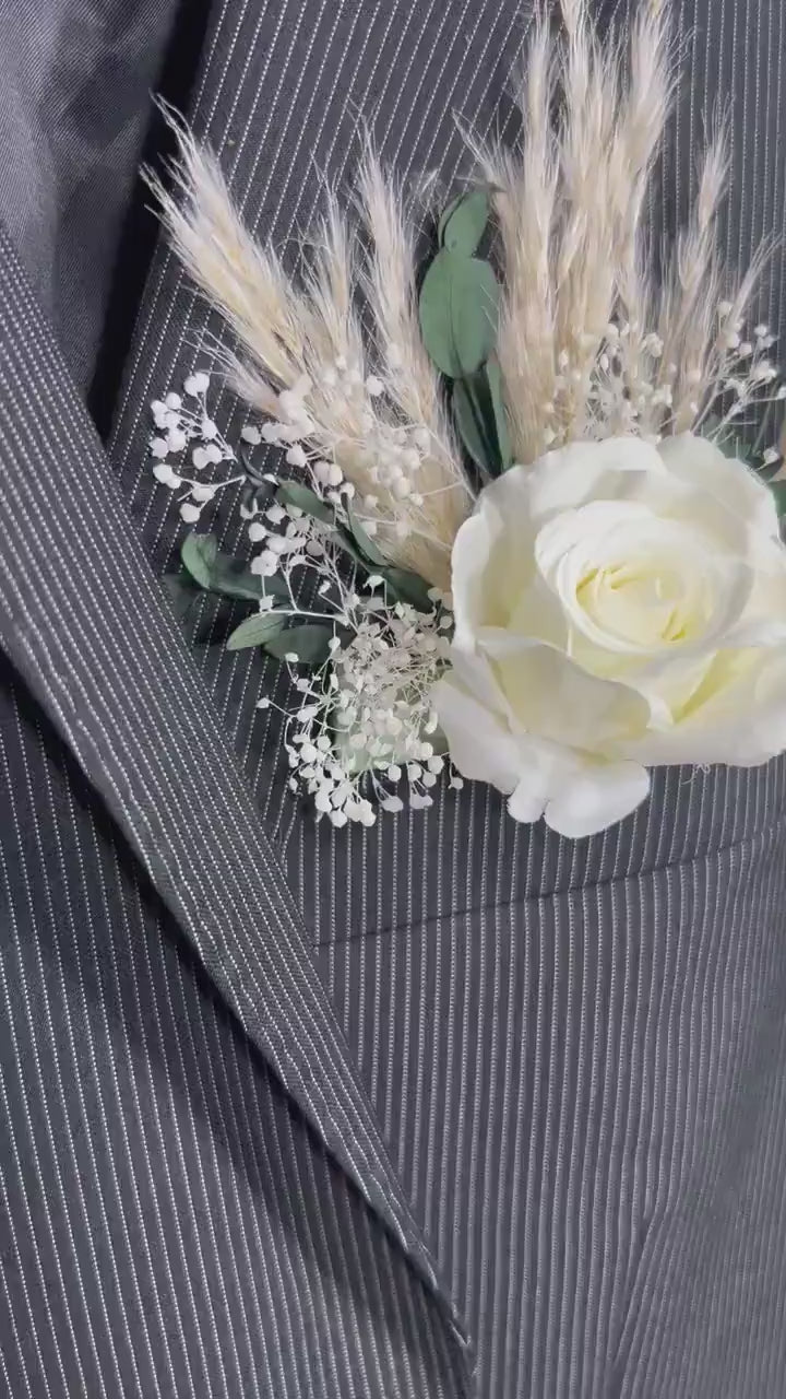 White Pocket Boutonniere White Groom Boutonnière Ivory Square Groomsmen Pocket Eucalyptus Boutonniere Baby Breath Pampas Grass