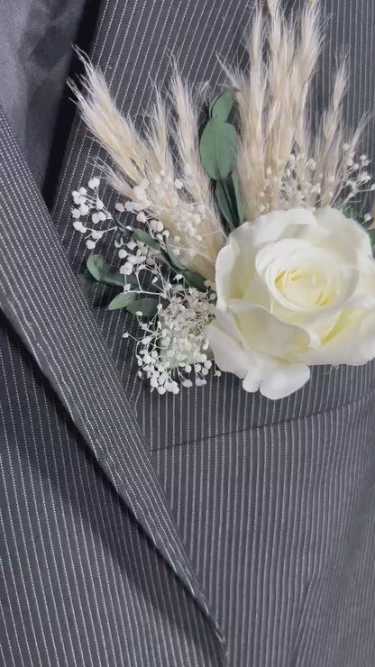 White Pocket Boutonniere White Groom Boutonnière Ivory Square Groomsmen Pocket Eucalyptus Boutonniere Baby Breath Pampas Grass