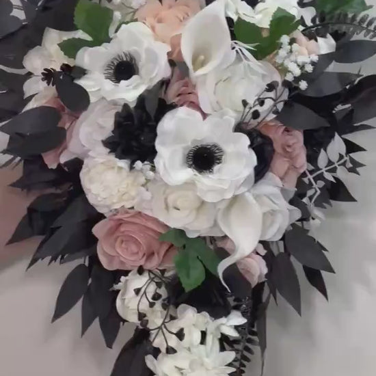 Black Bouquet Cascade White Bridal Gothic Cascading Bouquet Black Dusty Rose Bridesmaids Black Bouquet Ivory Anemone Artificial Flower