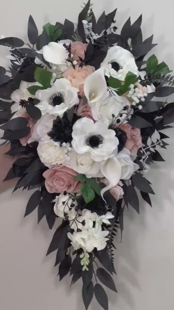 Black Bouquet Cascade White Bridal Gothic Cascading Bouquet Black Dusty Rose Bridesmaids Black Bouquet Ivory Anemone Artificial Flower