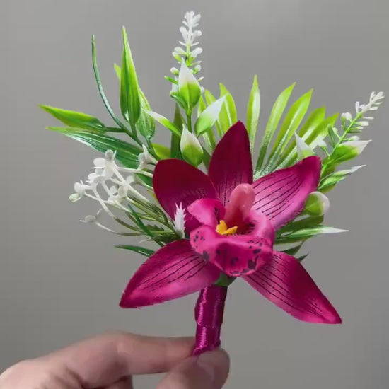 Orchid Boutonniere Wedding Groom Fuchsia Boutonniere Hot Pink Groomsmen Beach Boutonniere Tropical Deep Pink Orchid Artificial Flowers